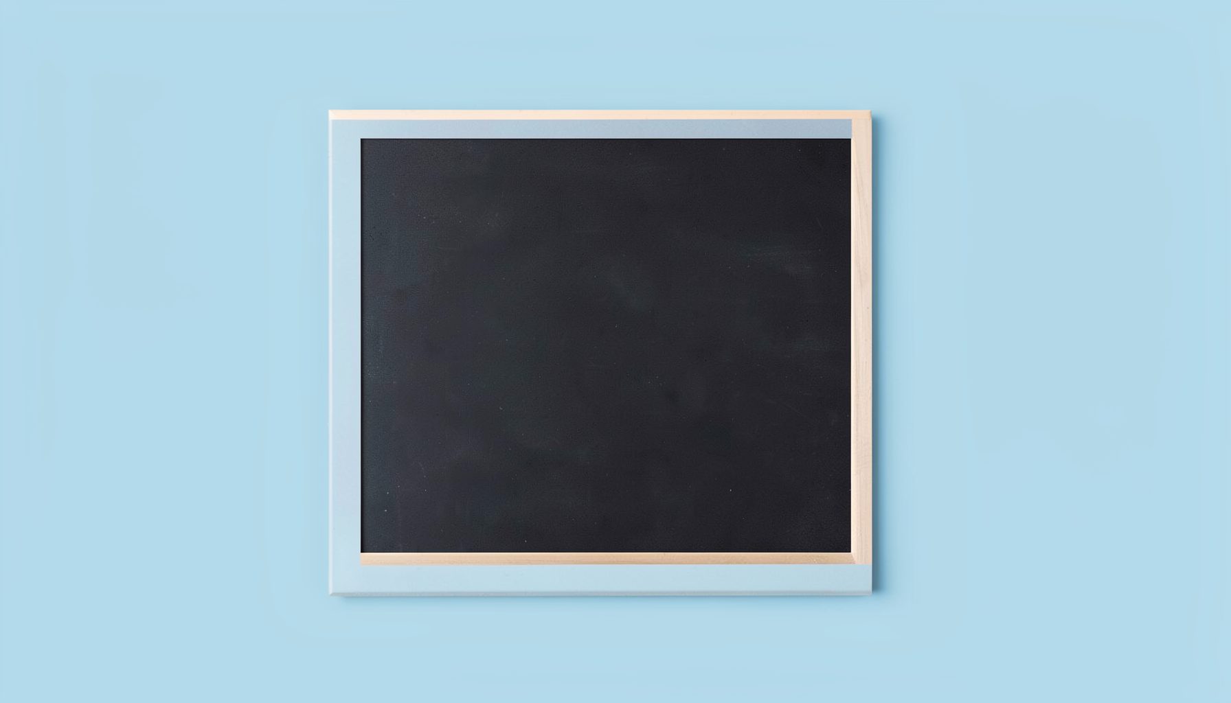 Soft pastel blue background framing a dark rectangular chalkboard panel with a simple thin light-colored border, calm and understated.